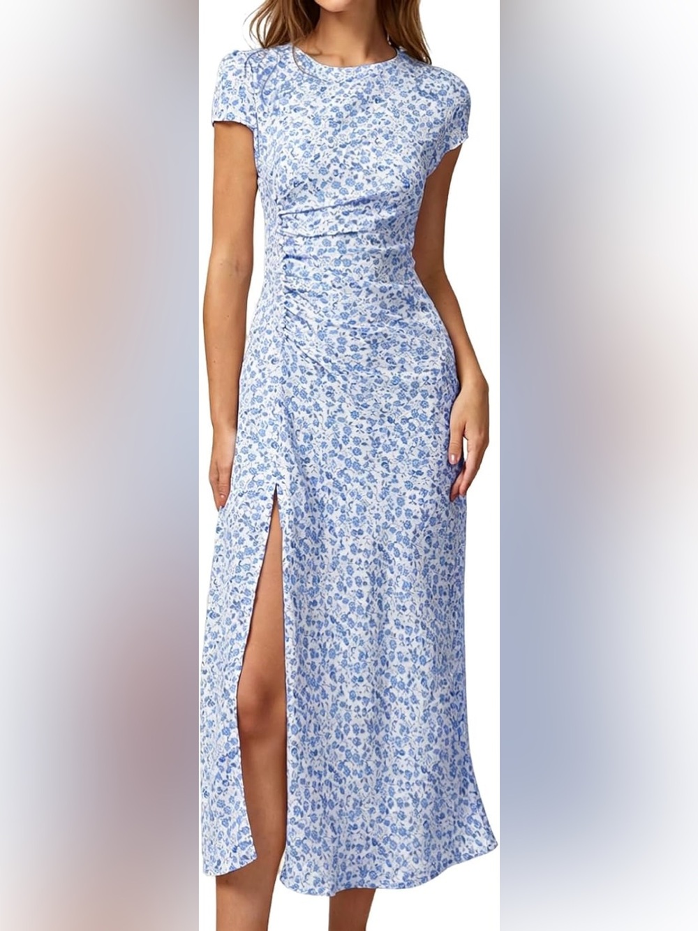 Rihoas NWT Blue Floral Cap-Sleeve Midi Dress with Side‎ Slit